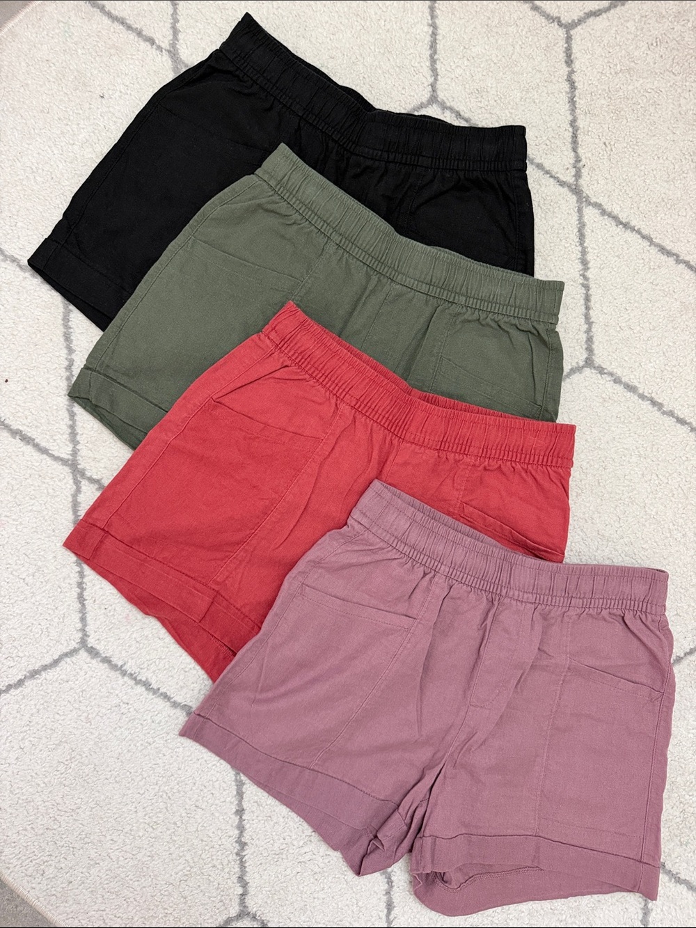 Old Navy High-Waist Linen Shorts — 4 Pairs included (Black, Olive, Coral, Mauve)